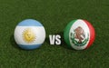 Footballs in flags colors on grass .Argentina with Mexico. World Cup football championship 2022 .