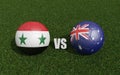 Footballs in flags colors on grass. Syria with Australia . 2023 asian cup tournament. 3d