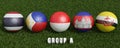 Footballs in flags colors on green grass. 3d rendering