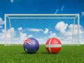 Footballs in flags colors on soccer field. Australia with Denmark. 3d