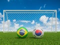 Footballs in flags colors on soccer field . Brazil with South Korea. 3d