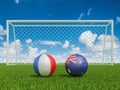 Footballs in flags colors on soccer field. France with Australia. 3d