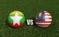 Footballs in flags colors on soccer field. Myanmar with Malaysia. 3d