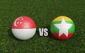 Footballs in flags colors on soccer field. Singapore with Myanmar. 3d