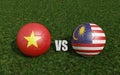 Footballs in flags colors on soccer field. Vietnam with Malaysia. 3d