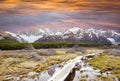 Footbridge in Andes, Fitz Roy mountain range, Argentina.