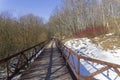 A footbridge at the bottom of a ravine in a forest park