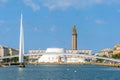 The footbridge of the Commerce basin, the Volcan theater and St. Joseph\'s Church in Le Havre, France