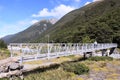 The footbridge over the Bealey River in Arthur Pass Village. New Zealand`