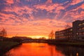 Footbridge over the river whit rising sun