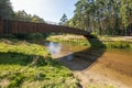 A footbridge with a wooden balustrade over the beautiful and transparent Mala Panew river, also known as the Polish Amazon. Sandy