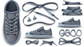 Footgear accessories, grey shoelaces mockup with eglets, ropes and decorative elements for sneakers on a white