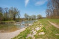 Footpath along Mangfall river, spring landscape Royalty Free Stock Photo
