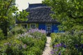 Footpath through beautiful flowerbeds to an old wooden house