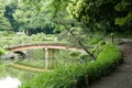 Footpath, bridge, Japanese pavilion building in garden