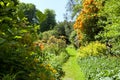 Footpath in a colorful lush garden in an English countryside . Royalty Free Stock Photo