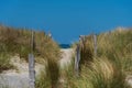 Footpath between grass covered dunes against sea and blue sky Royalty Free Stock Photo