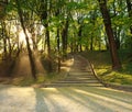 Footpath in green city park, lighted rays of sunset Royalty Free Stock Photo