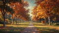 a footpath meanders through manicured lawns and groves of trees ablaze with fall colors