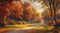 a footpath meanders through manicured lawns and groves of trees ablaze with fall colors