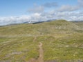 Footpath in northern artic landscape, tundra in Swedish Lapland with lonely hiker figure in distance, green hills and mountains at