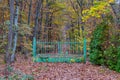 Footpath with a rusty and abandoned wrought iron gate green with yellow, trees with yellowish green foliage Royalty Free Stock Photo