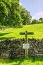 Footpath sign on a sloping green field