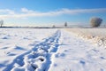 a footpath traced through a field of fresh snow