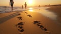 footpring and baby legs walk on sunrise at sea beach sand ,sunbeam flares and reflection