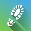 Footprint boot sign. White Icon with gray dropped limitless shadow on green to blue background. Illustration.