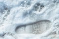 Footprint and dog tracks on the spring snow Royalty Free Stock Photo