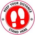 Footprint floor sticker, foot steps in circle, keep distance waiting in line, stand here sign