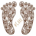 Footprint with floral mehndi ornament. Sketch of legs, skin care theme, pedicure or procedures. Beauty and health