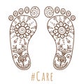 Footprint with floral mehndi ornament. Sketch of legs, skin care theme, pedicure or procedures. Beauty and health vector