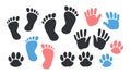 Footprint, handprint black silhouette. Cat and dog paw print symbol, Icon set vector illustration Royalty Free Stock Photo