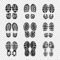 Footprint human. Walking boots soles steps silhouettes vector template printing texture