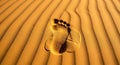 A footprint is imprinted on rippled, golden sand. The sand has a fine, smooth texture and undulating Royalty Free Stock Photo