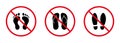 Footprint Pair Shoe Flip Flop Red Stop Circle Symbol Set. No Allowed Step Sign. Sandal Ban Black Silhouette Icon. Forbid Royalty Free Stock Photo