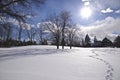 The footprint on the park with snow covering in the winter Royalty Free Stock Photo