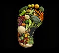 Footprint shape by various vegetables and fruits. Healthy food concept. Ai generated art Royalty Free Stock Photo