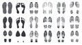 Footprint silhouettes. Barefoot, sneaker and shoes steps with dirt texture. Walking boot footprints, foot imprints