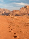 Footprint steps in sand, Wadi Rum desert, Jordan