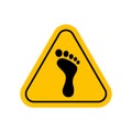 Footprint warning sign, barefoot icon, caution footprint sign yellow, spoor symbol