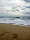 Footprint on the yellow sand near the sea
