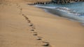 Footprints a barefoot runner on beach. Barefoot trail, step track on sand texture. Bare human feet on wet sand. Royalty Free Stock Photo