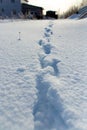 Footprints of the beast on the snow in winter