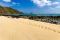 Footprints on a beautiful tropical beach next to a clear, warm ocean Royalty Free Stock Photo