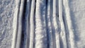 Footprints in the crystallized snow in northern Europe on a morning in January.