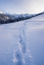 Footprints in the deep snow. Winter in Tatra Mountains. Poland. Winter adventure concept