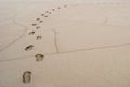 Footprints in deep soft sand curve to the right. Royalty Free Stock Photo